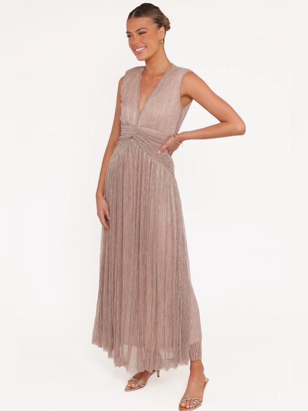 Petal & Pup Cara Metallic Maxi Dress Rose Gold Pleated NWT Size L